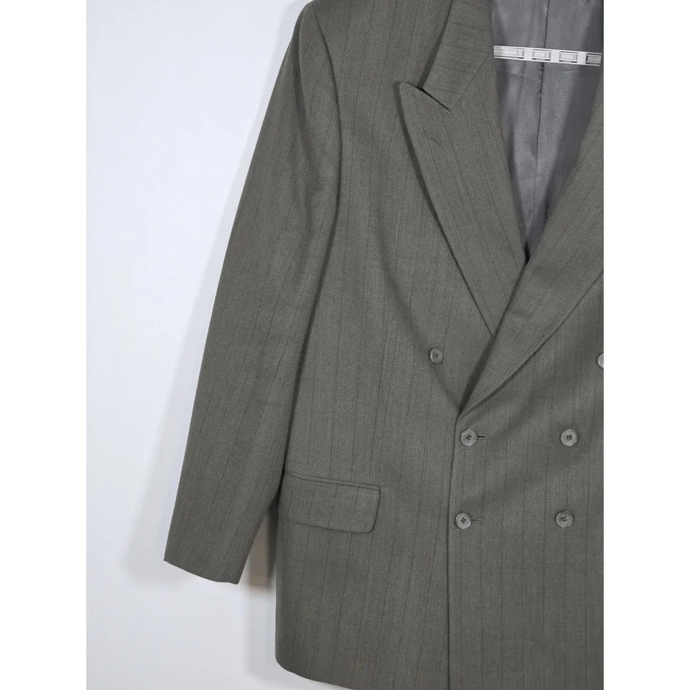 Calvin Klein Double-Breasted Suit 46 Wool NWOT Vintage USA Union Made Gray Green